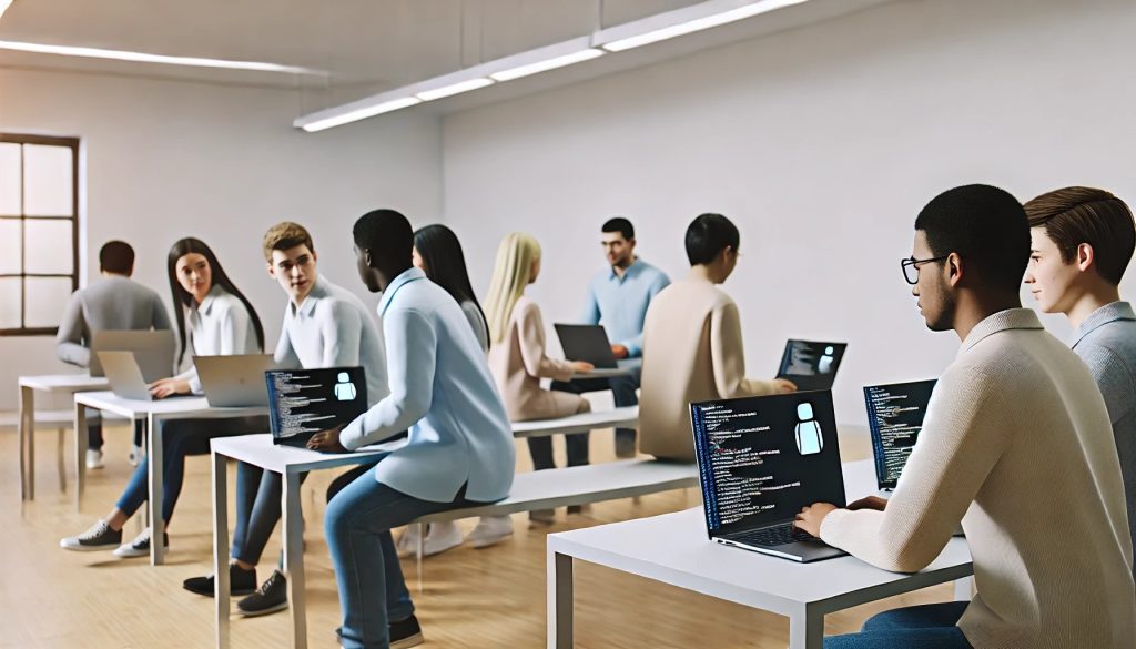 Students in a modern classroom work on laptops with AI content, collaborating and focusing in a clean, minimalistic environment.